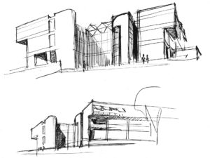 Pencil sketch of the Art + Architecture Building