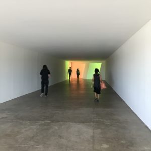 Students walking in room with green and orange lights