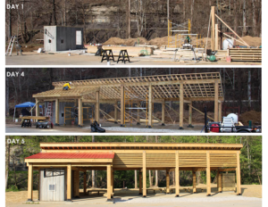 A series of three photos showing construction progress from day 1 to completion on day 5.