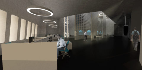 A rendering of people seated at workspaces within a modern, open office setting.