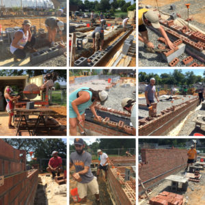 A block of nine photos showing the construction process including brick and masonry block laying.