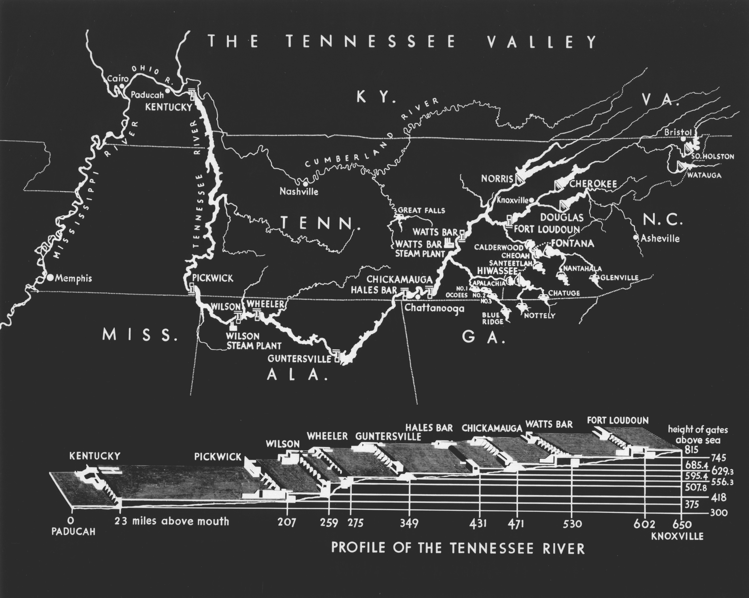 A black and white detail of the Tennessee River basin and its elevations