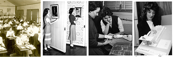 A collage of four images showing women in design in 1920, 1940, 1960 and 1980