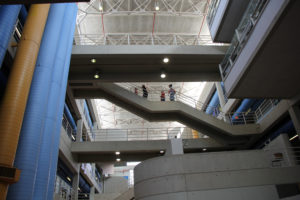 A view of the stairways and walkways spanning the atrium in the Art + Architecture Building.