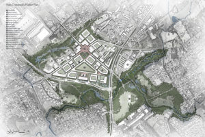 A rendering of a landscape and community plan.
