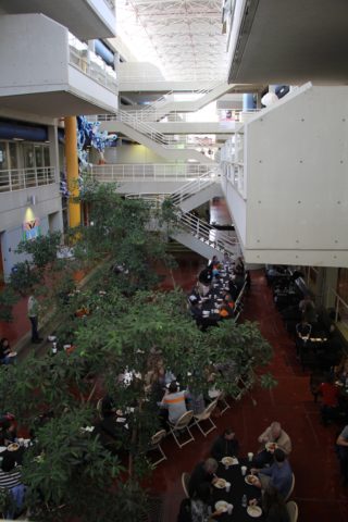 An overview of the Art + Architecture Building atrium during Open House.