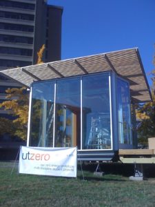 The glass facade of the UT Zero house.