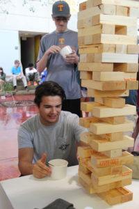 Students playing Jenga at Welcome Back Day