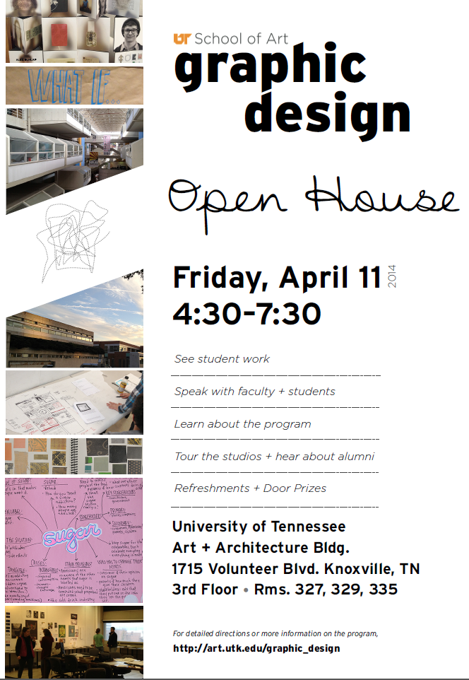 Open house flyer with dates and static images