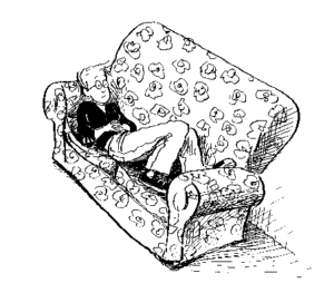 Cartoon showing Paige Braddock on a flowered sofa