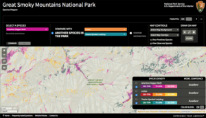 Screen shot of the species mapper app showing terrain and colored areas