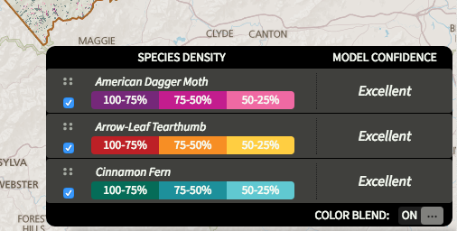 Screen shot showing species density on the special mapper