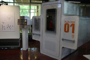 one of the student groups' micro houses, the plus pod for future UT dorm residents