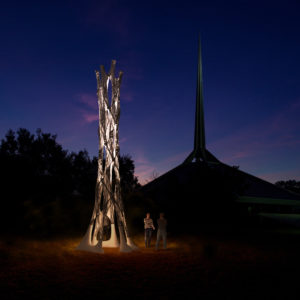 Render of filament tower at night at Exhibit Columbus