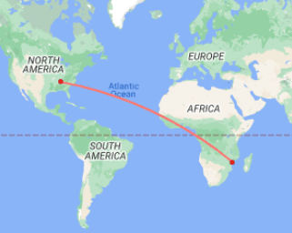 graphic image showing map of world and distance from knoxville to mozambique