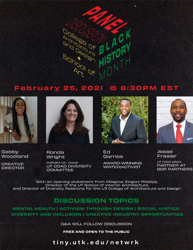 graphic image of Black History Month panel discussion flyer