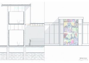 section elevation of library with mural