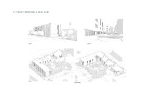 exterior perspectives and aerial views of library