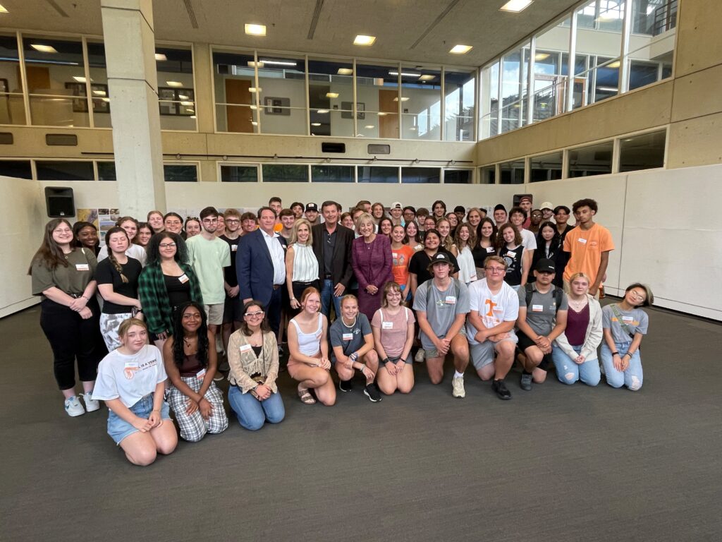 The 2022 first-year class of students in the School of Architecture with Dean Jason Young, Jeff and Marla Gerber, and Chancellor Donde Plowman.