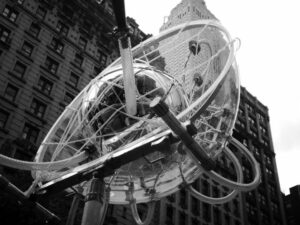black and white image of sculpture resembling a globe