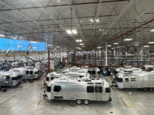 wide shot of Airstream trailers at manufacturing facility