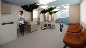 Rendering of the ETCH hematology and oncology playroom with cloud-like ceiling lights, light blue walls and tree-like wall cut outs.
