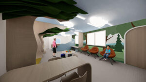 Rendering of the ETCH hematology and oncology playroom with cloud-like ceiling lights, light blue walls and tree-like wall cut outs.