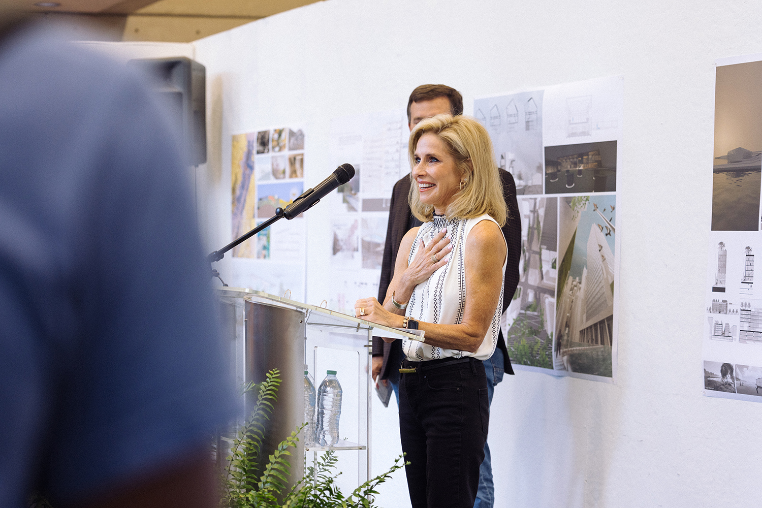 Marla Gerber speaks during a surprise announcement with the 2022 first-year class of the School of Architecture.