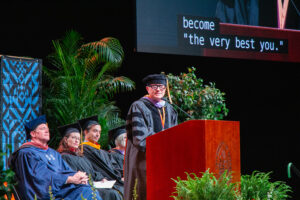 Barry Alan Yoakum, FAIA, delivers commencement address at the spring 2024 ceremony.