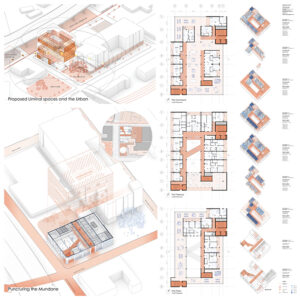 A board for the 'Knox Yards' submission to ACSA. This board details level perspectives.