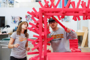 Graduate students use 3d glasses to assemble a sustainable deer blind designed with CAD software inside the Art and Architecture building on September 20, 2024. Photo by Steven Bridges/University of Tennessee. The deer blind was a collaborative project with the School of Landscape Architecture and School of Architecture to prevent lumber waste. When complete, it will be installed in a Wisconsin corn field October 5–14, 2024 as part of the Farm/Art DTour exhibition with the Wormfarm Institute. on September 20, 2024. Photo by Steven Bridges/University of Tennessee.