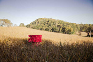 "Rural Construct," a pink, stacked wooden structure stands in the middle of a golden cornfield with rolling green hills in the background under a clear blue sky.