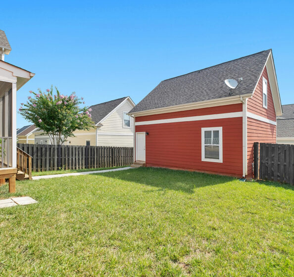 Backyard of a house with an accessory dwelling unit.