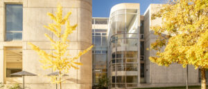 Exterior of the Art + Architecture Building on a sunny day in the fall.