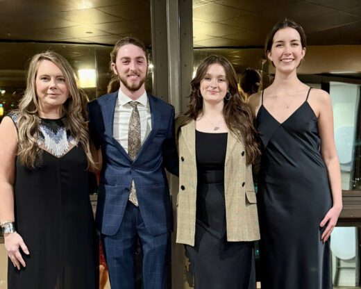 Lindsey Brine, associate professor of practice, attends the 2025 Knoxville American Advertising Awards with three student awardees. From left to right: Brine, Alexander Long, Nola Mooney, and Lillian Nagdeman.