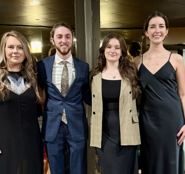 Lindsey Brine, associate professor of practice, attends the 2025 Knoxville American Advertising Awards with three student awardees. From left to right: Brine, Alexander Long, Nola Mooney, and Lillian Nagdeman.