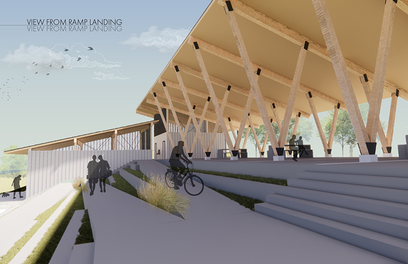 Architectural rendering of a ramp underneath covered outdoor spaces.