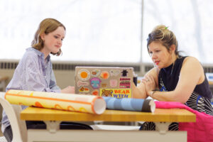 Senior graphic design students in the School of Art recieve a portfolio critique as part of their capstone course in the Art & Architecture Building on February 27, 2024. Photo by Steven Bridges/University of Tennessee.