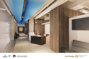 Rendering of the CoAD Exchange entry showing a reception desk, wood-paneled walls, built-in seating, exposed ceilings, and blue ductwork along a central corridor.