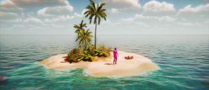 Digitally rendered scene of a small sandy island surrounded by ocean water, with palm trees, dense tropical plants, and a single human figure in bright magenta standing near a small fire under a partly cloudy sky.